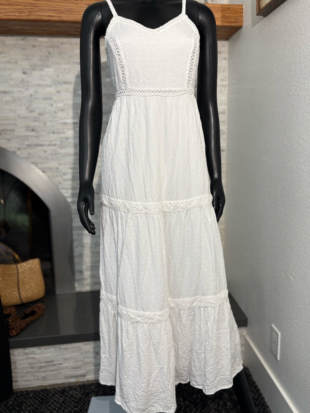 Joie Boho White Tiered Maxi Dress with Crochet Trim, Size Small